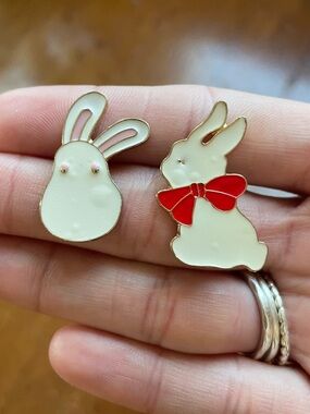 NWT Cute White Bunny Enamel Pin Set with Red Bow - 2 Pack